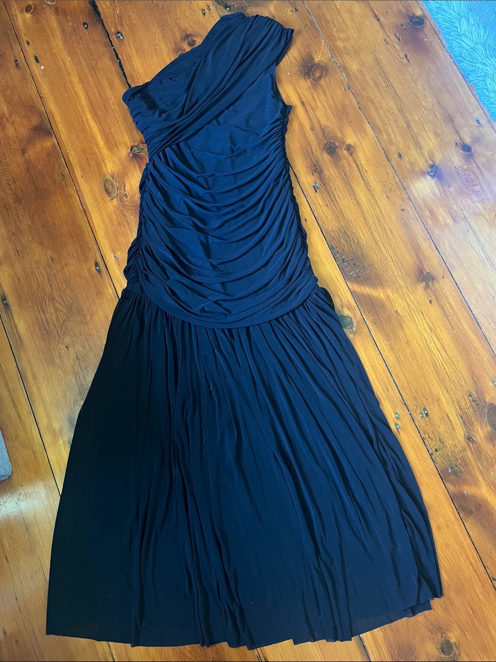 Elegant Black One-Shoulder Ruched Maxi Dress stretch knit super soft and layers.